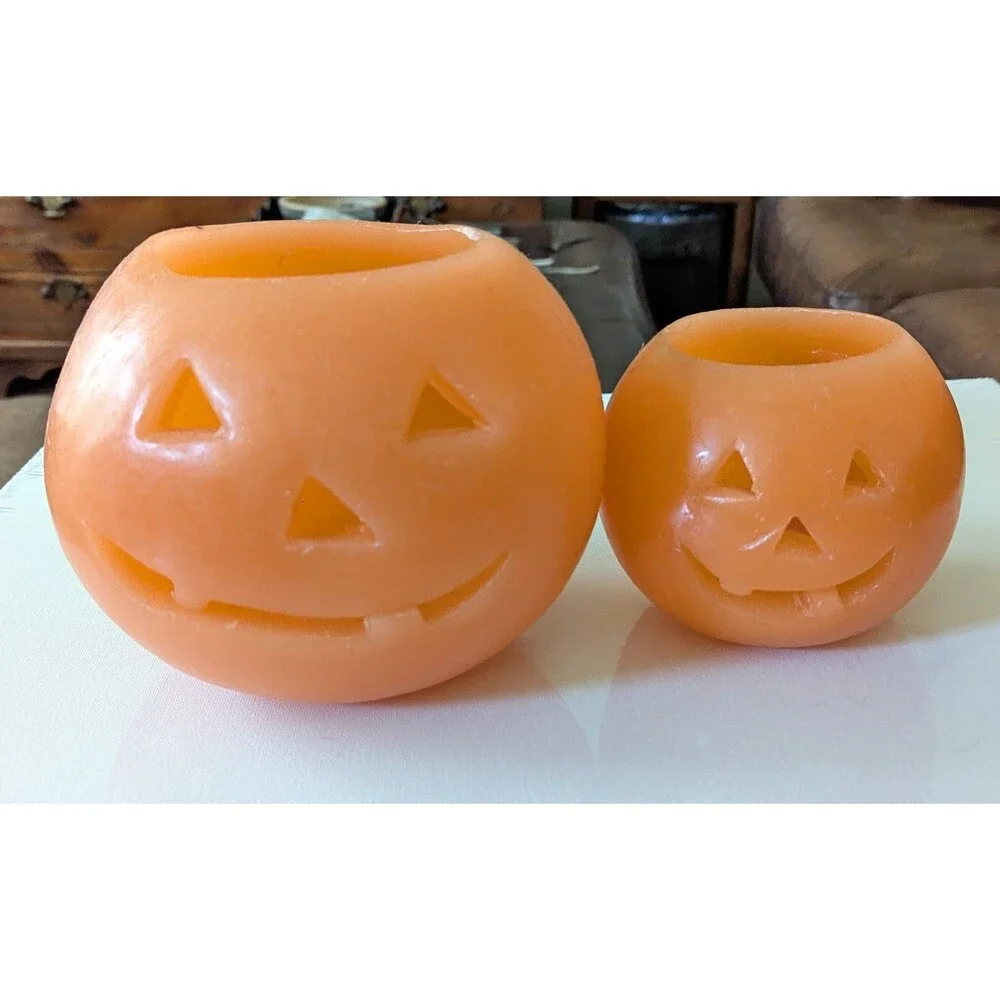 Vtg Lot Of 2 Halloween Wax Pumpkin Luminaries Jack O Lantern Candle Holders